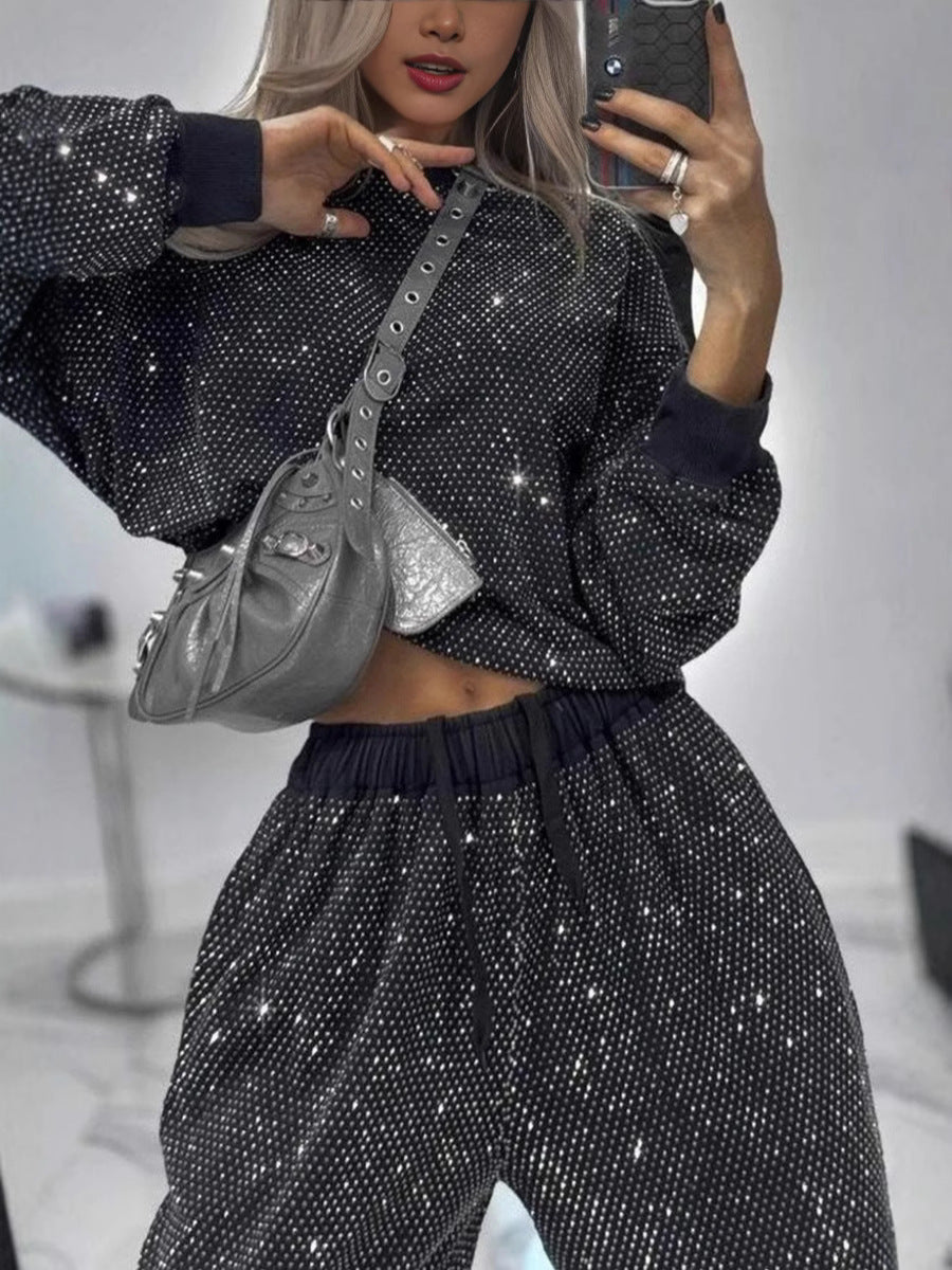 Women's Starry Sky Long Sleeve Round Neck Loose Top Drawstring Wide Leg Two-Piece Set