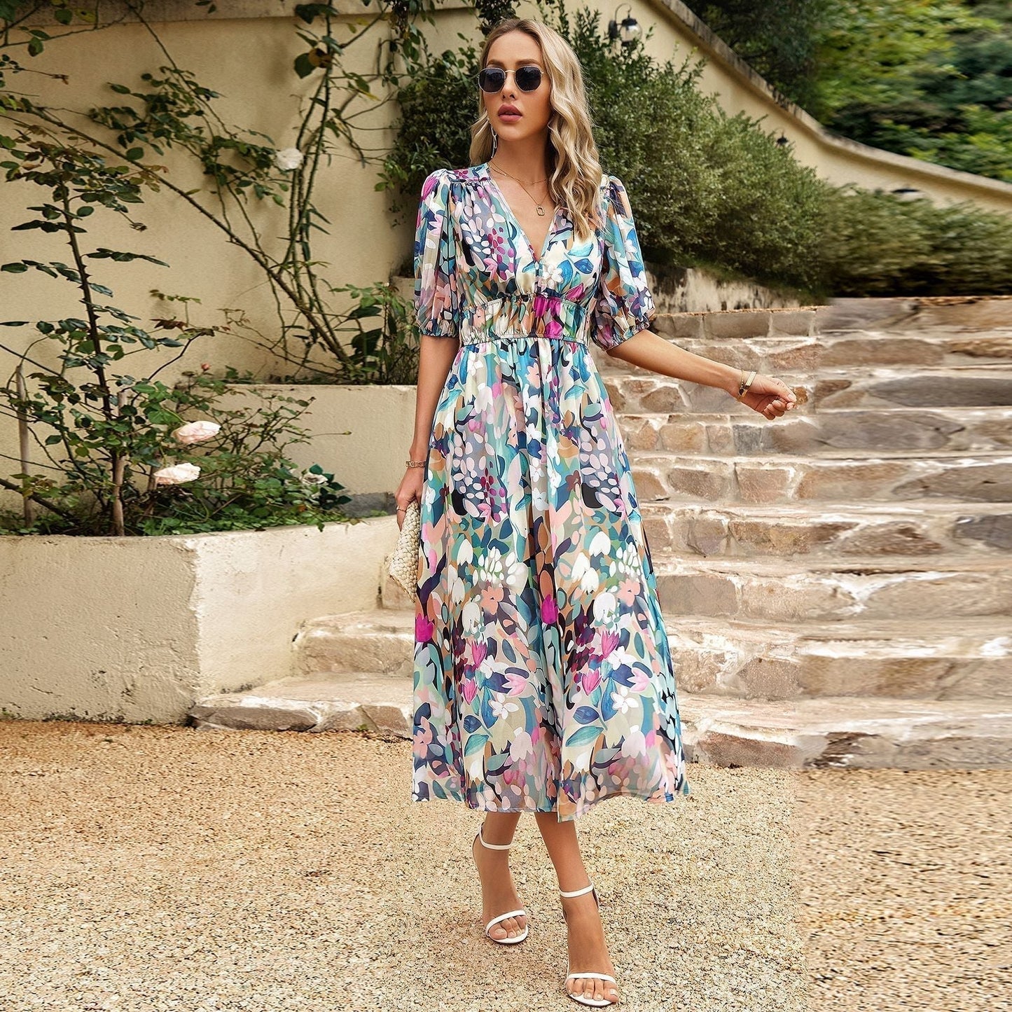 aakip™-Elegant Waist V-neck Printed Dress