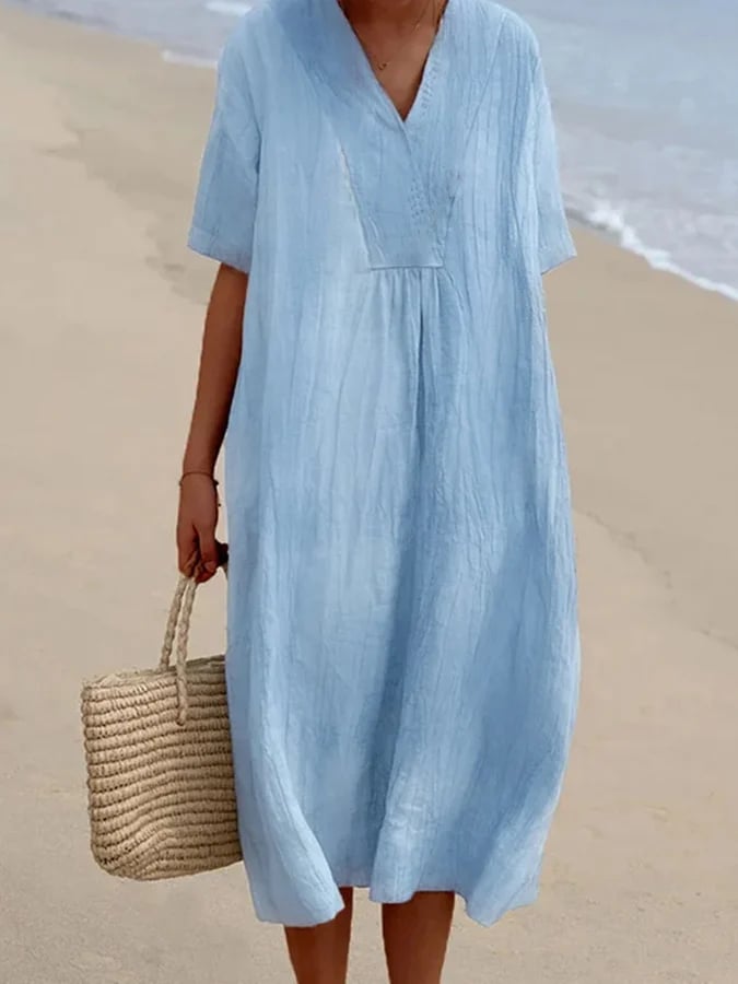 aakip™-Loose Short Sleeved Solid V-Neck Dress-Buy 2 Free Shipping