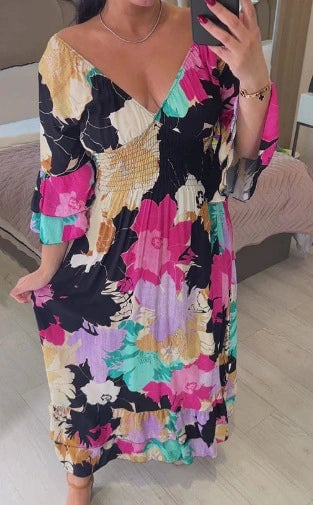 aakip™-V-neck Floral Seaside Vacation Loose Dress