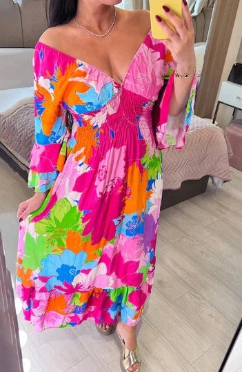 aakip™-V-neck Floral Seaside Vacation Loose Dress