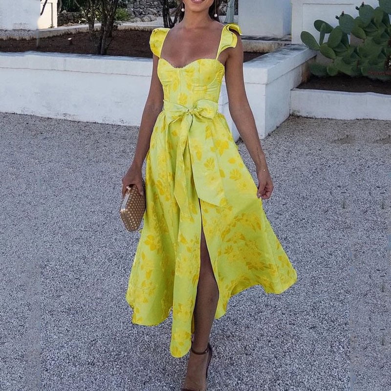 aakip™-Butterfly Sleeve Printed Waist Tie Dress