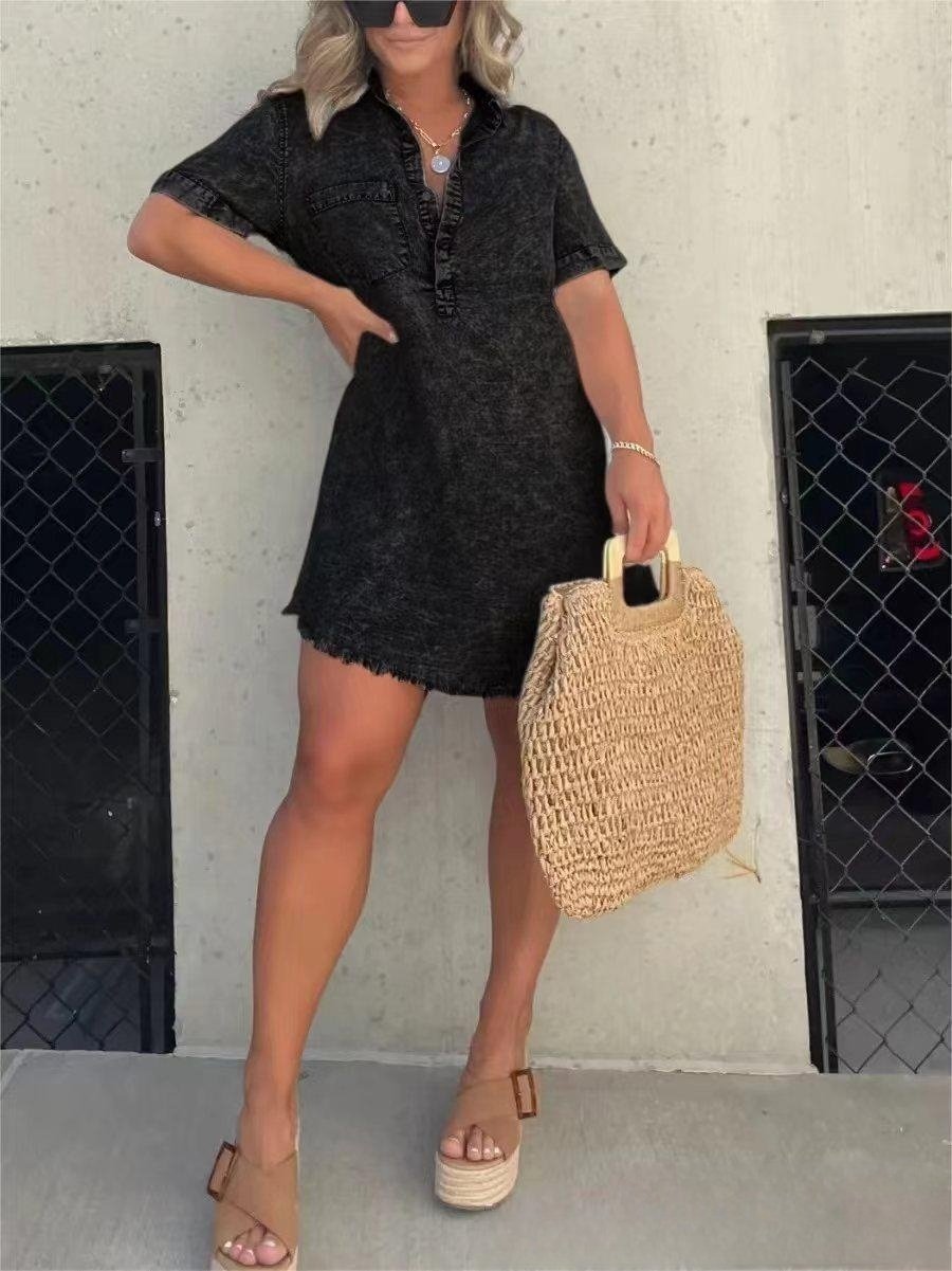 aakip™-Short Sleeve Casual Denim Shirt Dress-Buy two and get free shipping!
