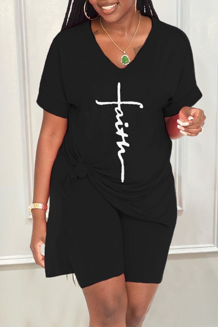 aakip™-Letter Print Split Side V Neck T-Shirt & Shorts Two Piece Set