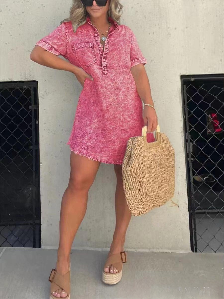 aakip™-Short Sleeve Casual Denim Shirt Dress-Buy two and get free shipping!