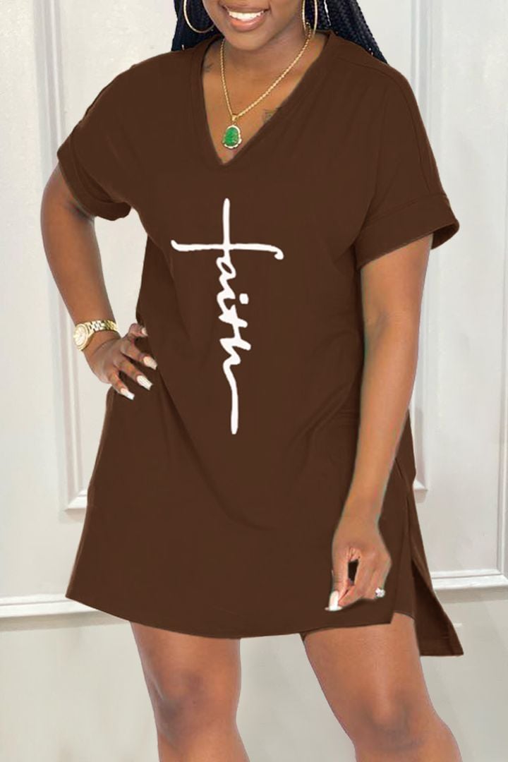 aakip™-Letter Print Split Side V Neck T-Shirt & Shorts Two Piece Set