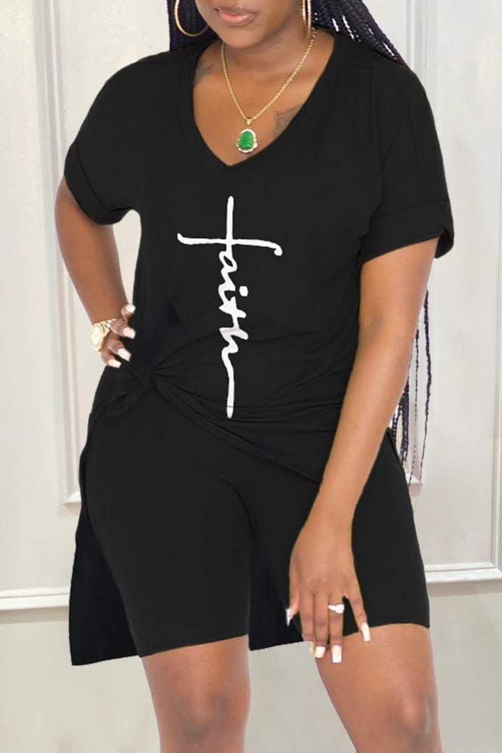 aakip™-Letter Print Split Side V Neck T-Shirt & Shorts Two Piece Set
