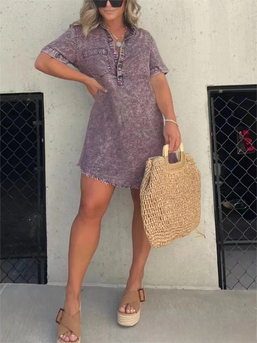 aakip™-Short Sleeve Casual Denim Shirt Dress-Buy two and get free shipping!