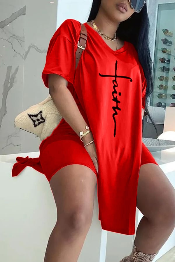 aakip™-Letter Print Split Side V Neck T-Shirt & Shorts Two Piece Set