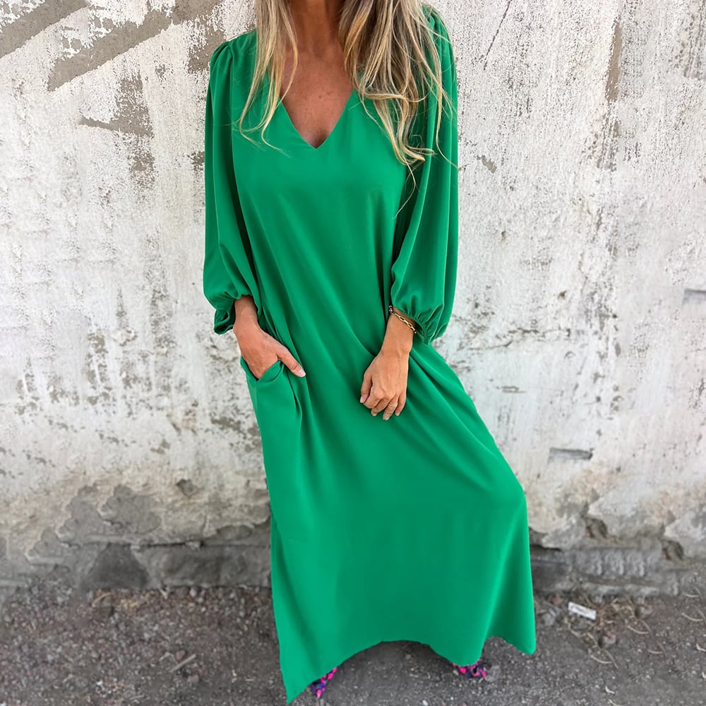 aakip™-Loose V-neck solid color women's lantern sleeve dress