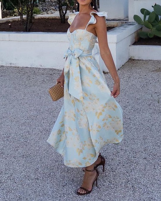 aakip™-Butterfly Sleeve Printed Waist Tie Dress