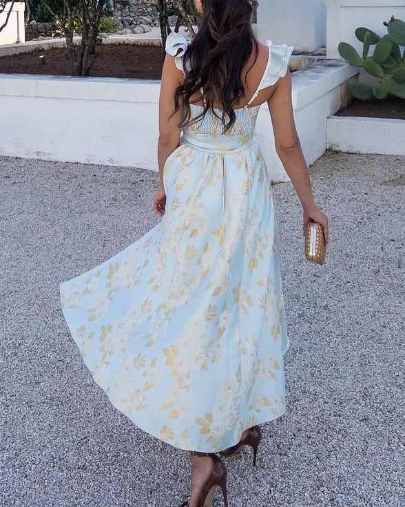 aakip™-Butterfly Sleeve Printed Waist Tie Dress