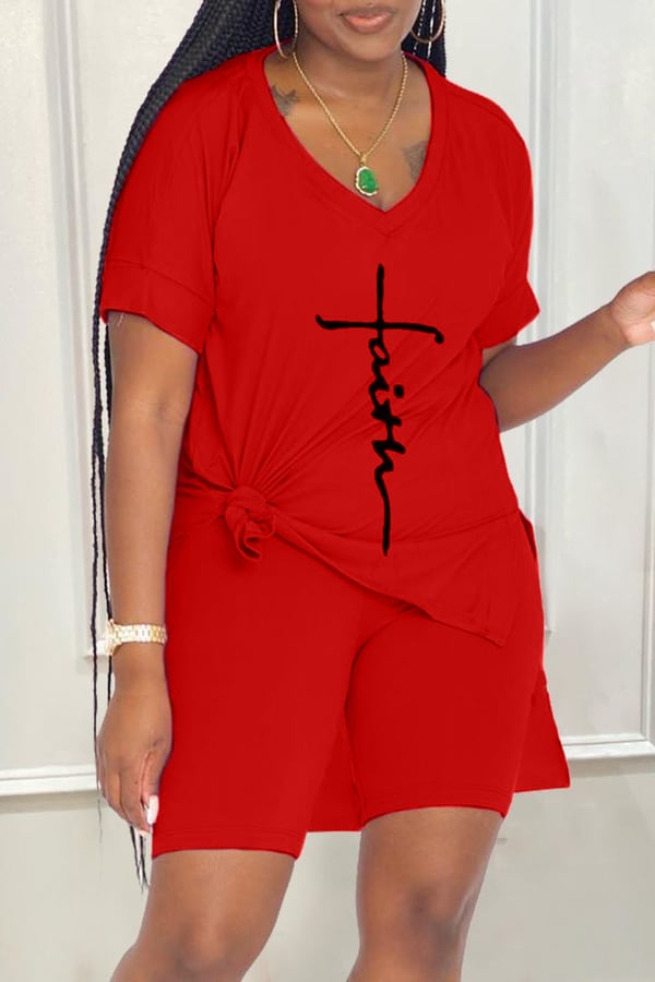 aakip™-Letter Print Split Side V Neck T-Shirt & Shorts Two Piece Set