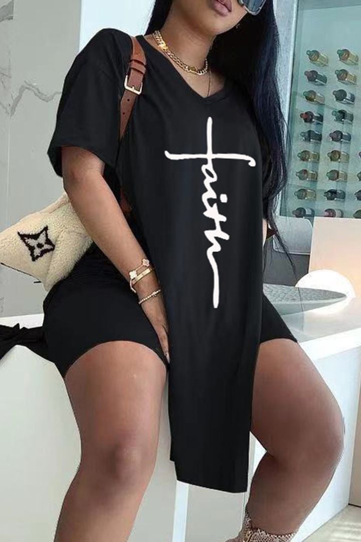 aakip™-Letter Print Split Side V Neck T-Shirt & Shorts Two Piece Set