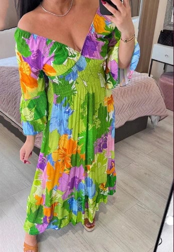 aakip™-V-neck Floral Seaside Vacation Loose Dress