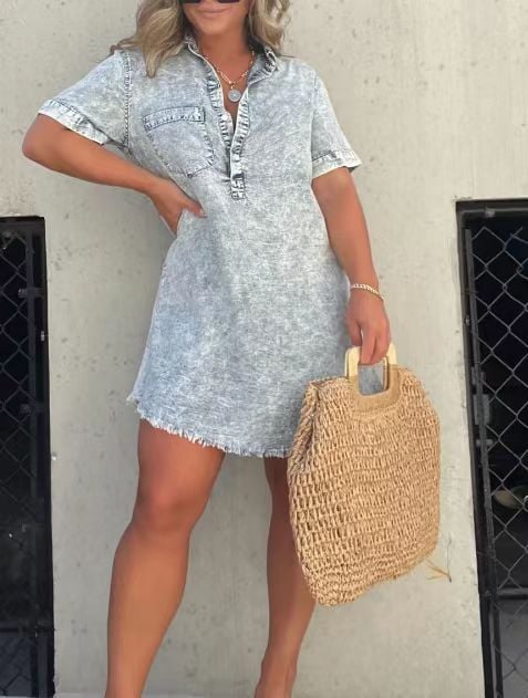 aakip™-Short Sleeve Casual Denim Shirt Dress-Buy two and get free shipping!