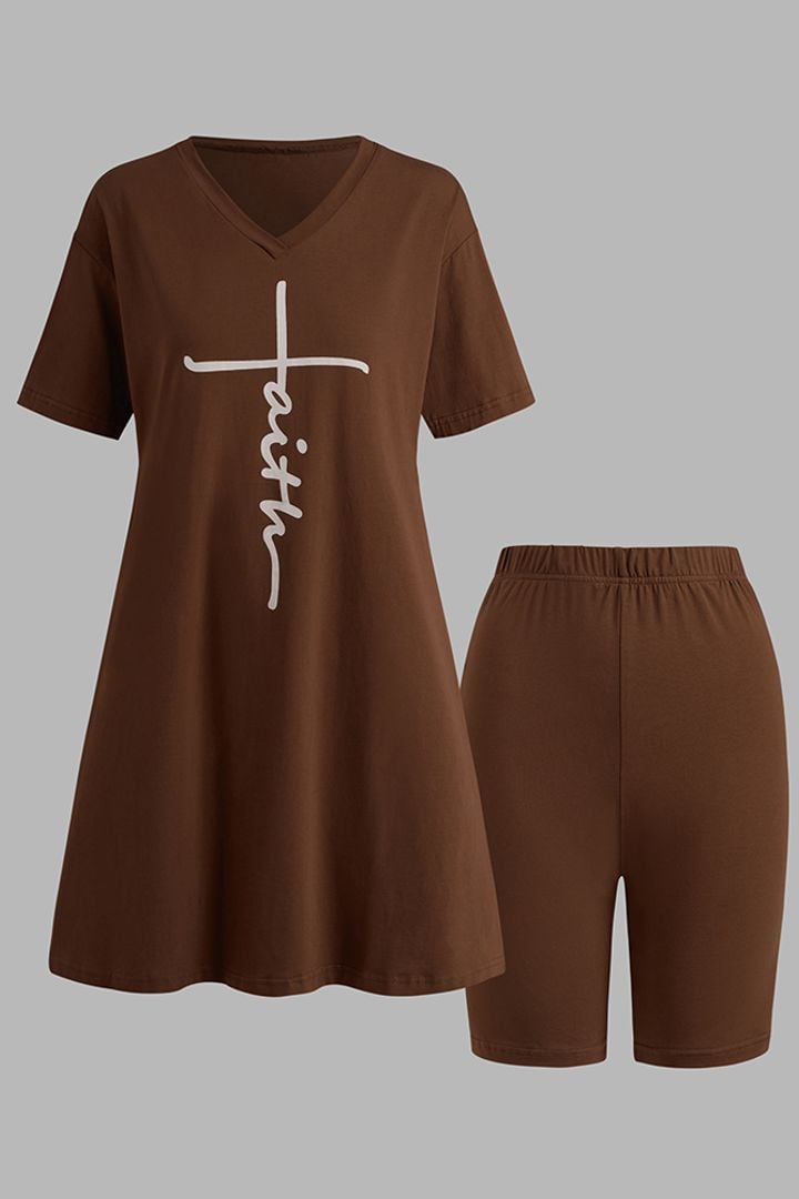 aakip™-Letter Print Split Side V Neck T-Shirt & Shorts Two Piece Set