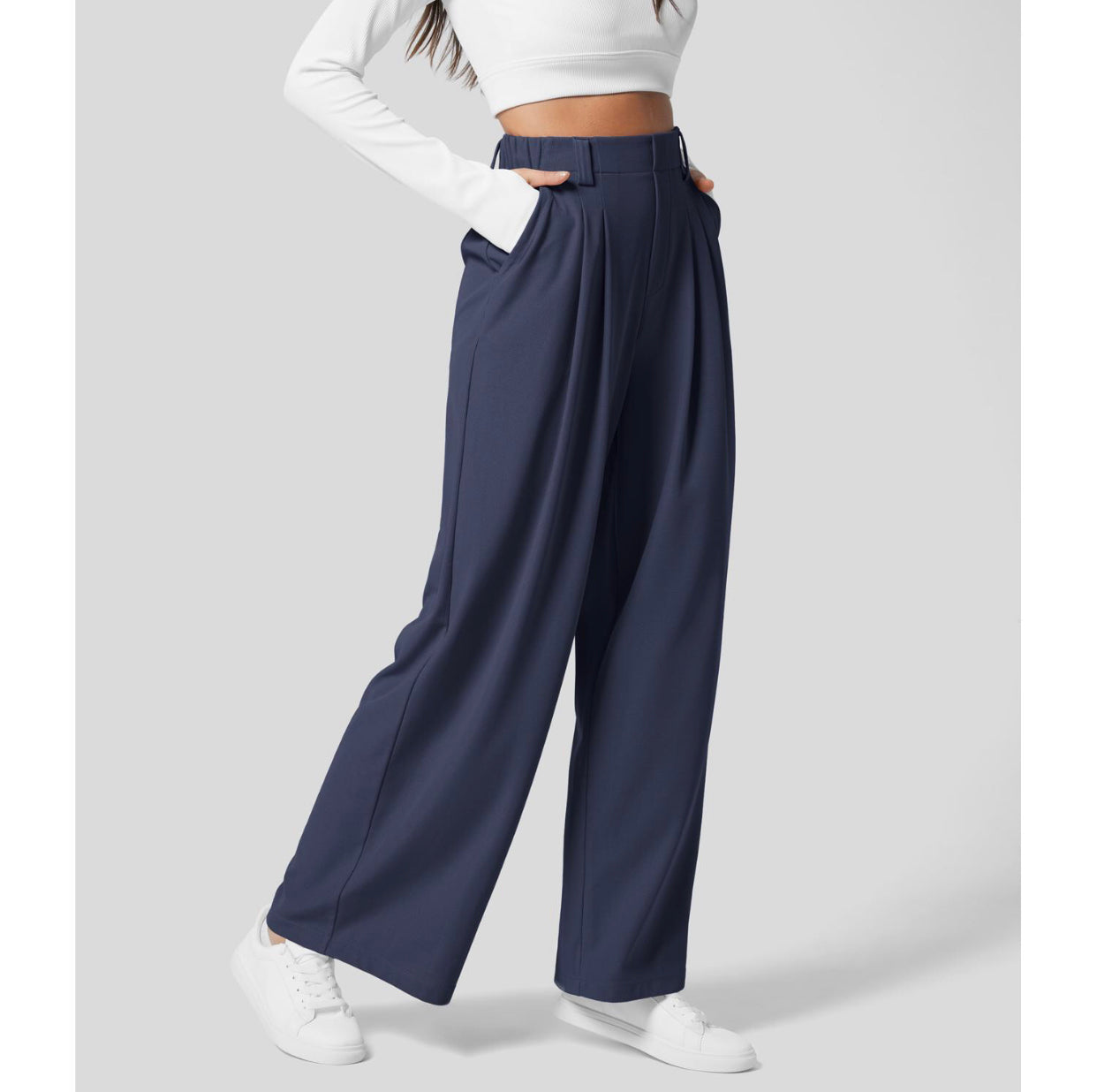 aakip™-2024 High Waisted Plicated Side Pocket Wide Leg Waffle Casual Pants