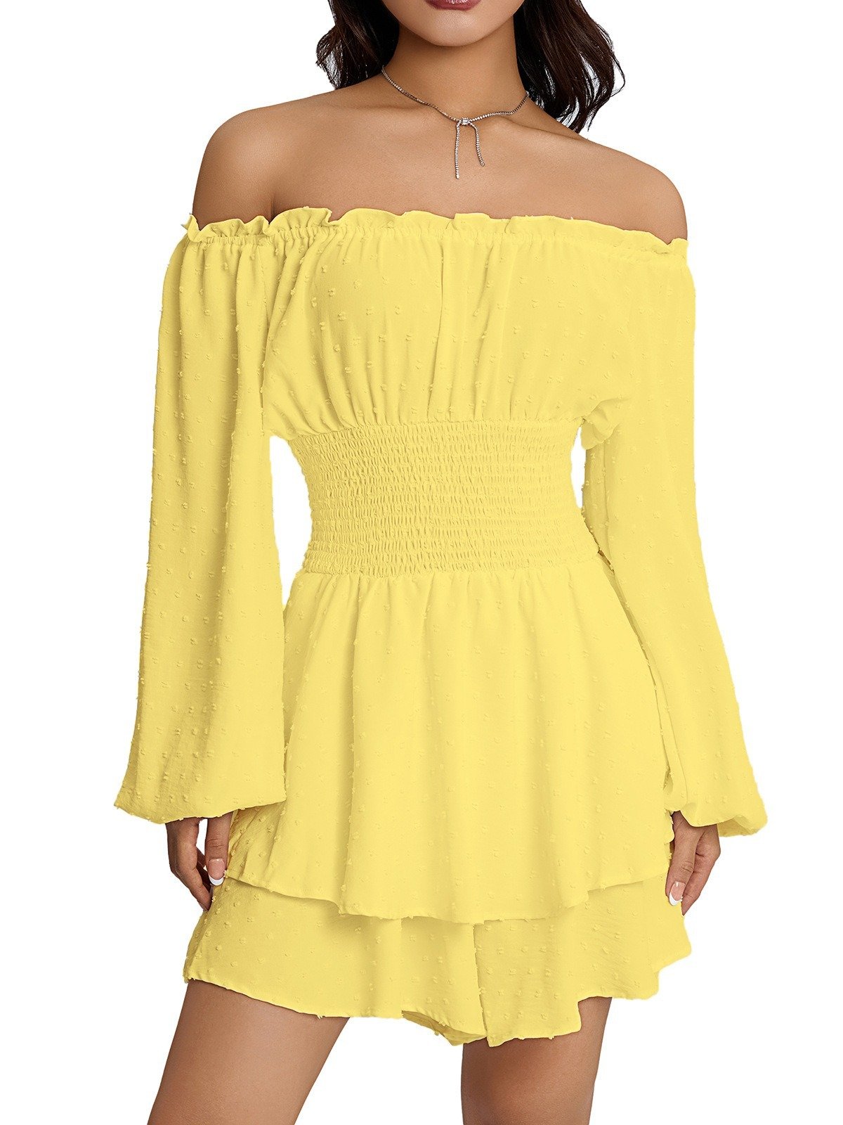 aakip™-Solid Off Shoulder Romper Dress