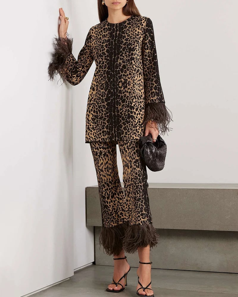 aakip™-Asymmetric feather-trimmed sequin-embellished top and pants two-piece set