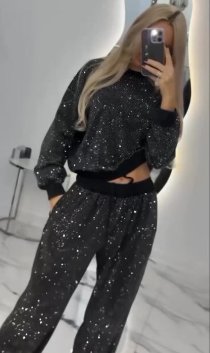 Women's Starry Sky Long Sleeve Round Neck Loose Top Drawstring Wide Leg Two-Piece Set