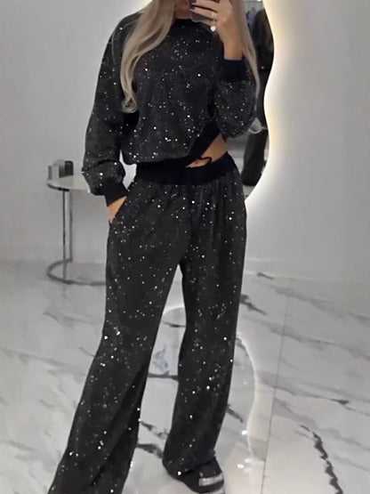 Women's Starry Sky Long Sleeve Round Neck Loose Top Drawstring Wide Leg Two-Piece Set
