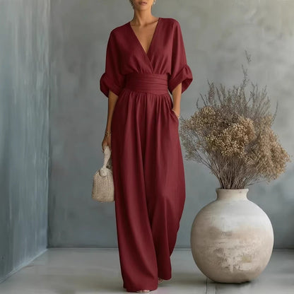 👠Women Solid-Color Elegant V-Neck Jumpsuit with Waist-Defining Fit