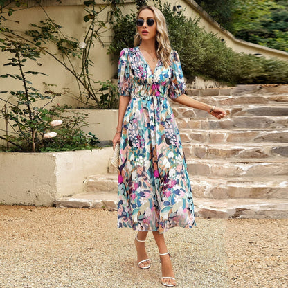 aakip™-Elegant Waist V-neck Printed Dress