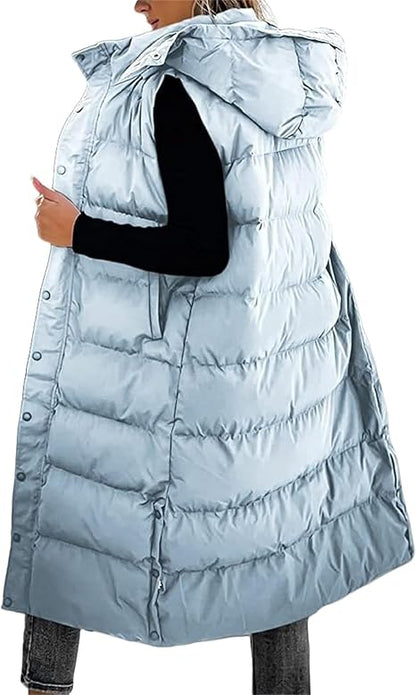 🔥 Women's Long Puffer Vest | Quilted Hood & Button Closure ❄️