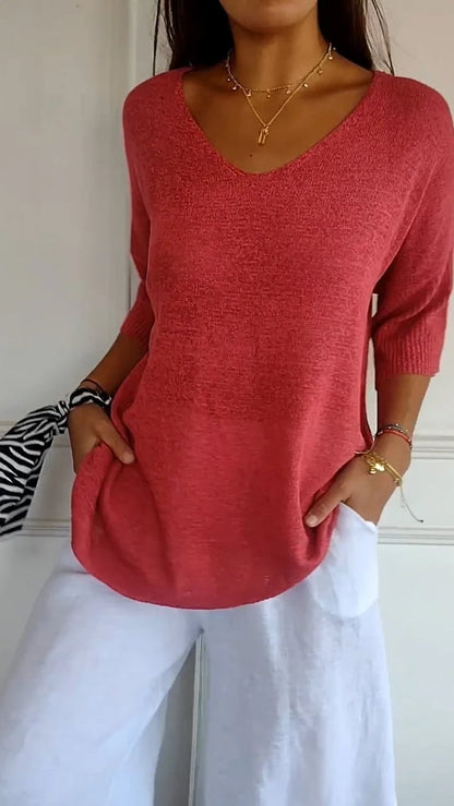 aakip™-Solid Color Knitted V-neck Top