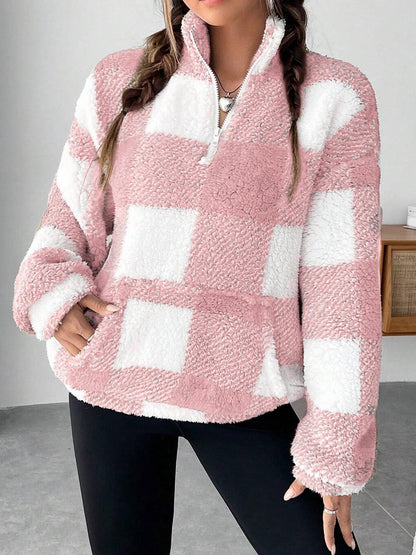 Women's Plaid Print Half Zip Drop Shoulder Fleece Sweatshirt