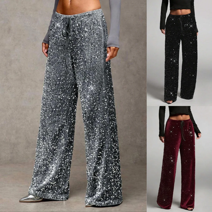 Women's Sequin Sparkle Wide Leg Pants with Elastic Waistband