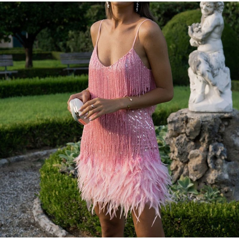 aakip™-Women's Feather Fringe Sequin Spaghetti Strap Dress