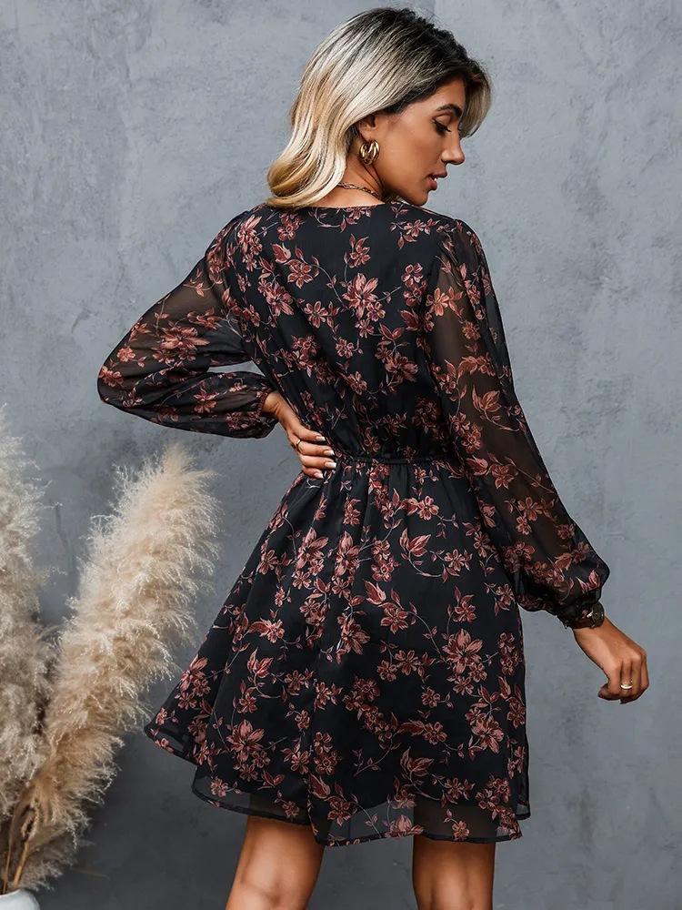 aakip™-Dress V-neck elegant chiffon printed floral spring see-through skirt