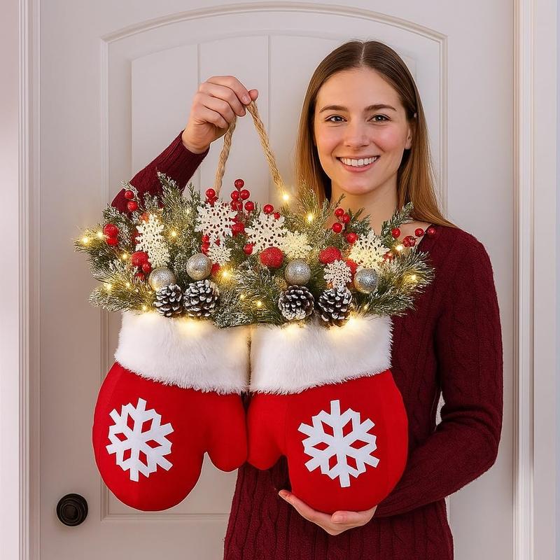 🎄🎅Christmas Glove Wreath for Front Door with Artificial Pine Branches