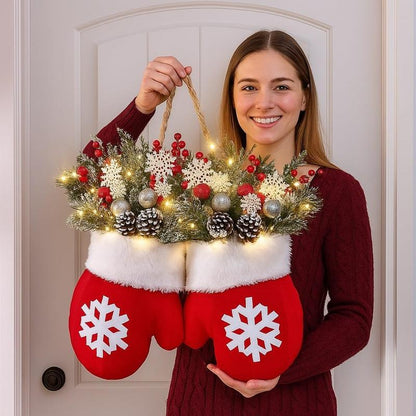 🎄🎅Christmas Glove Wreath for Front Door with Artificial Pine Branches