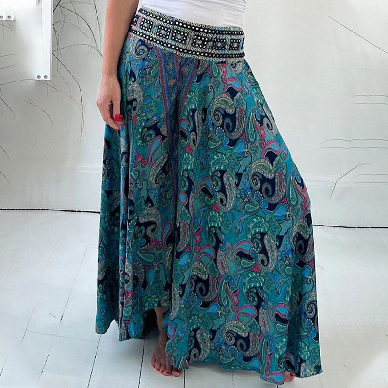 aakip™-Ethnic Paisley Print Elastic Patchwork-Waist Lightweight Pants