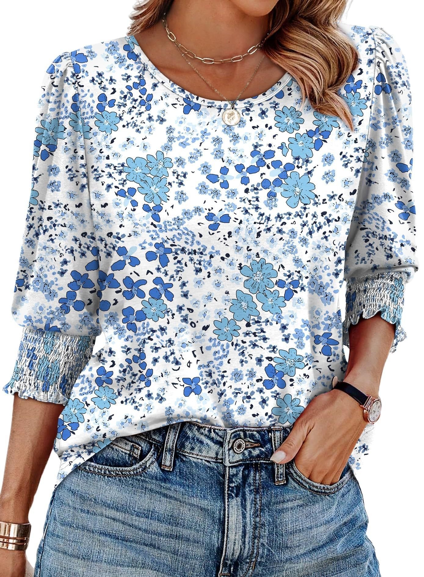 🏖️Women Dressy Casual 3/4 Length Sleeve Blouses with Smocked Cuffs