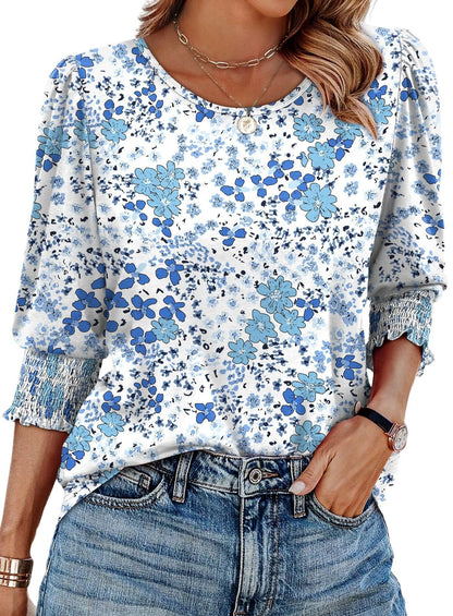 🏖️Women Dressy Casual 3/4 Length Sleeve Blouses with Smocked Cuffs