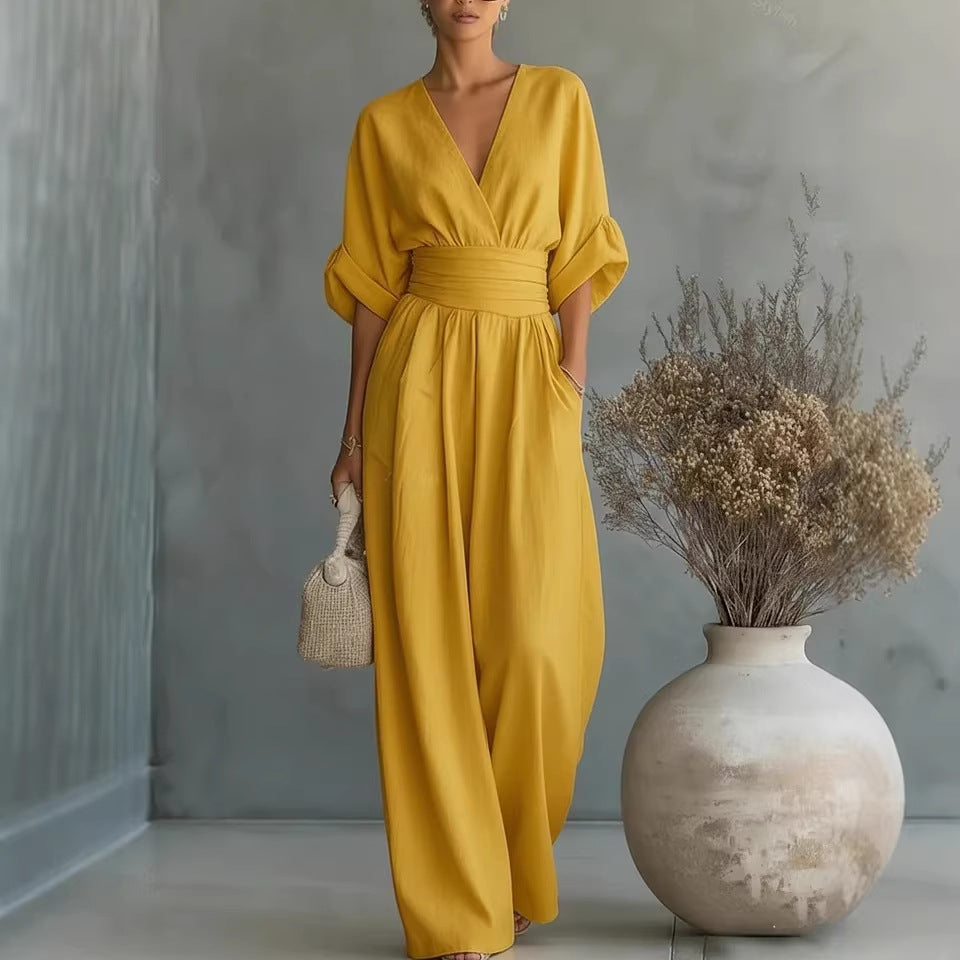 👠Women Solid-Color Elegant V-Neck Jumpsuit with Waist-Defining Fit