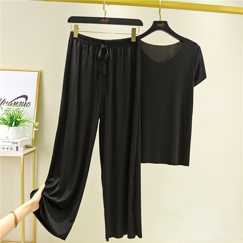 Soft Comfortable Ice Silk Short Sleeve T-Shirt Two Piece Set Loose Wide-leg Pants ( Buy 3 Free Shipping)