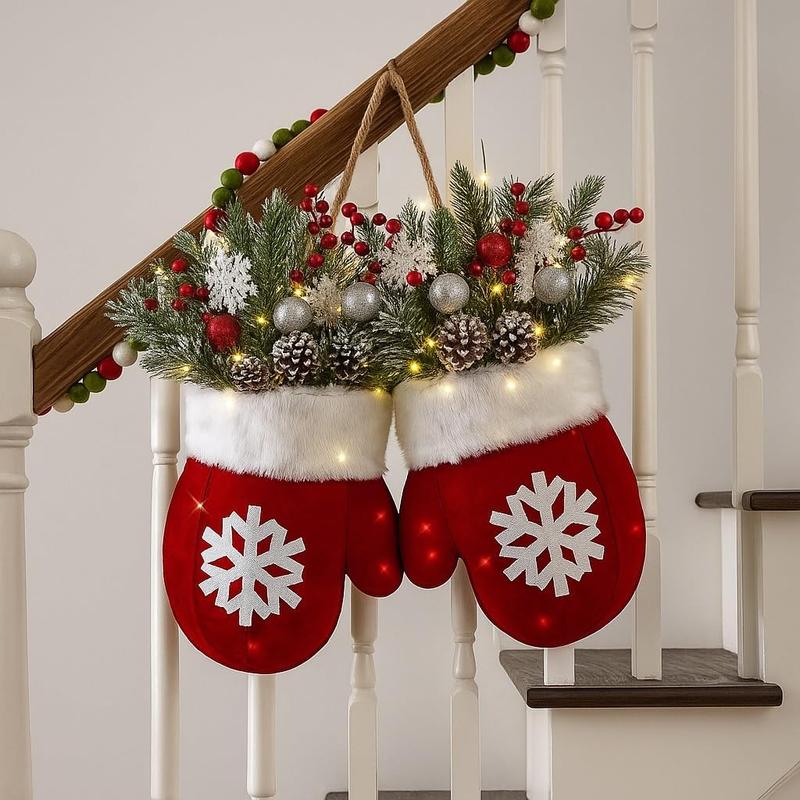 🎄🎅Christmas Glove Wreath for Front Door with Artificial Pine Branches