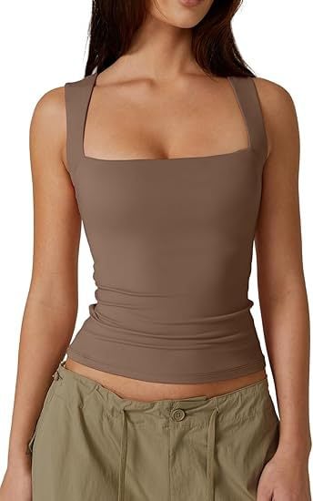 🏆Flash Sale⚡ 50K+ SOLD! Almost Gone⏰Women's Square Neck Sleeveless Double-Layer Tank Tops Basic Tight T Shirts short