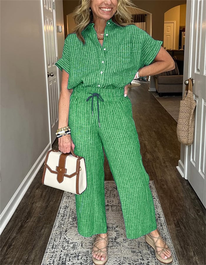 Classic Striped Linen Cotton Shirt Set With Pockets