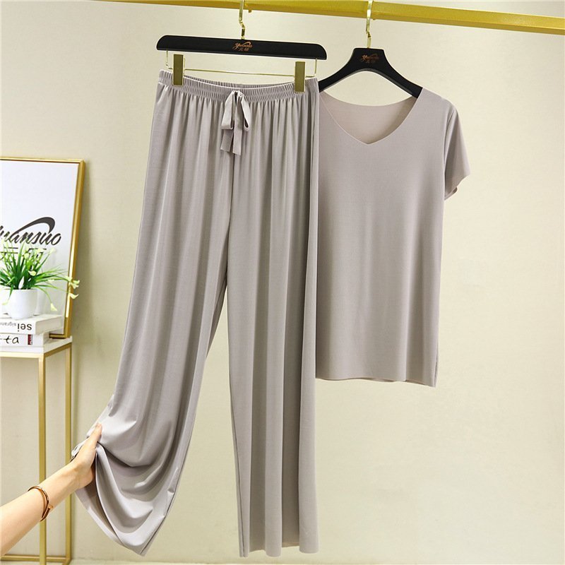 Soft Comfortable Ice Silk Short Sleeve T-Shirt Two Piece Set Loose Wide-leg Pants ( Buy 3 Free Shipping)