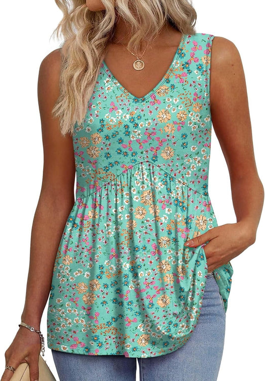 Limited time sale🔥Women's Print Flowy Sleeveless V Neck Peplum Tank Tops(BUY 3 FREE SHIPPING)