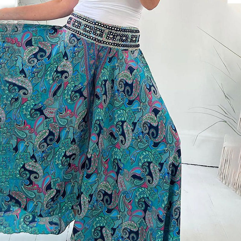 aakip™-Ethnic Paisley Print Elastic Patchwork-Waist Lightweight Pants