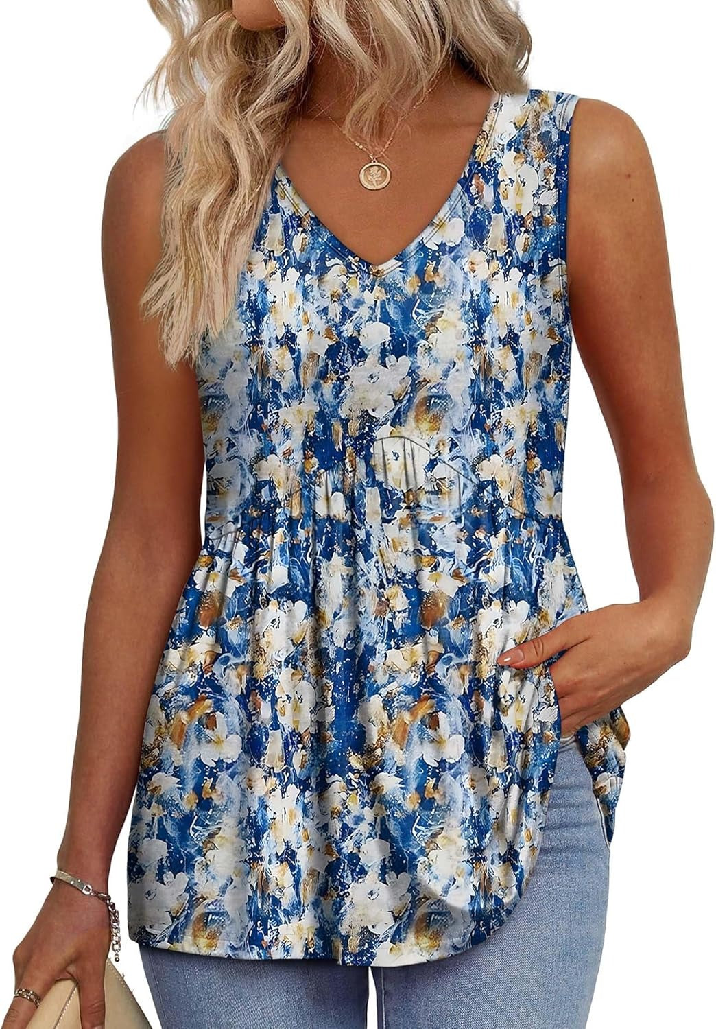 Limited time sale🔥Women's Print Flowy Sleeveless V Neck Peplum Tank Tops(BUY 3 FREE SHIPPING)