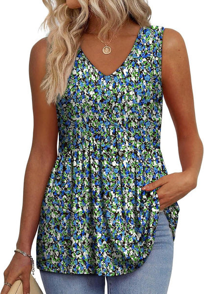 Limited time sale🔥Women's Print Flowy Sleeveless V Neck Peplum Tank Tops(BUY 3 FREE SHIPPING)