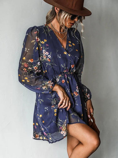aakip™-Dress V-neck elegant chiffon printed floral spring see-through skirt